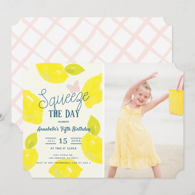 Squeeze the Day Lemon Citrus Girl Birthday Photo Invitation (Front/Back)