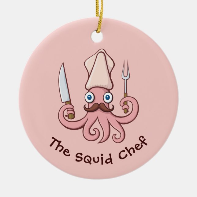 Squid Chef Cartoon Ceramic Tree Decoration (Front)