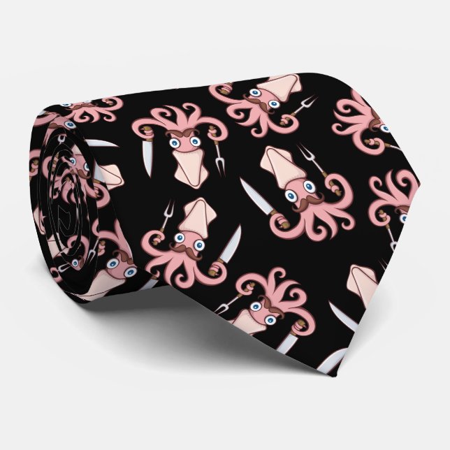Squid Chef Cartoon Pattern Tie (Rolled)