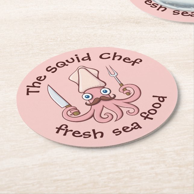Squid Chef Cartoon Round Paper Coaster (Angled)
