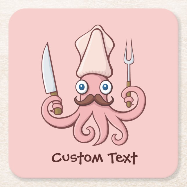 Squid Chef Cartoon Square Paper Coaster (Front)