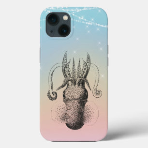 Squid Illustration on Rainbow Pastel with Lights iPhone 13 Case