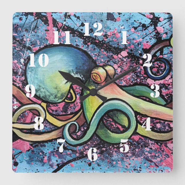Squid Splatter Art Square Wall Clock (Front)