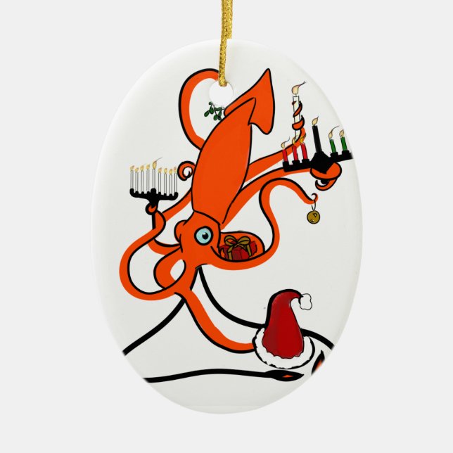 Squid Winter Holiday Ceramic Tree Decoration (Front)