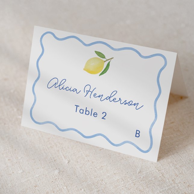 Squiggle Border Pale Blue Lemon Wedding Place Card (Trendy squiggle border with lemon and hand-painted blue & white tiles individual wedding place card )