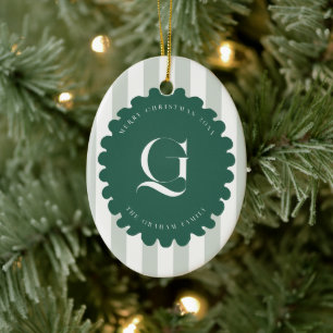 Squiggle Frame & Stripes Monogram Christmas Photo Ceramic Tree Decoration