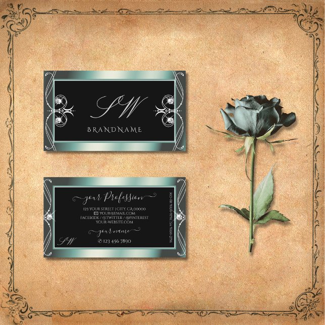 Squiggled Black and Teal Sparkle Diamonds Monogram Business Card (Creator Uploaded)