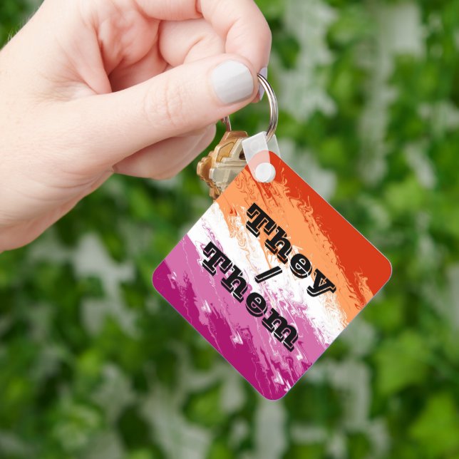 Squiggly Customisable Pronoun Lesbian Pride Flag Key Ring (Hand)