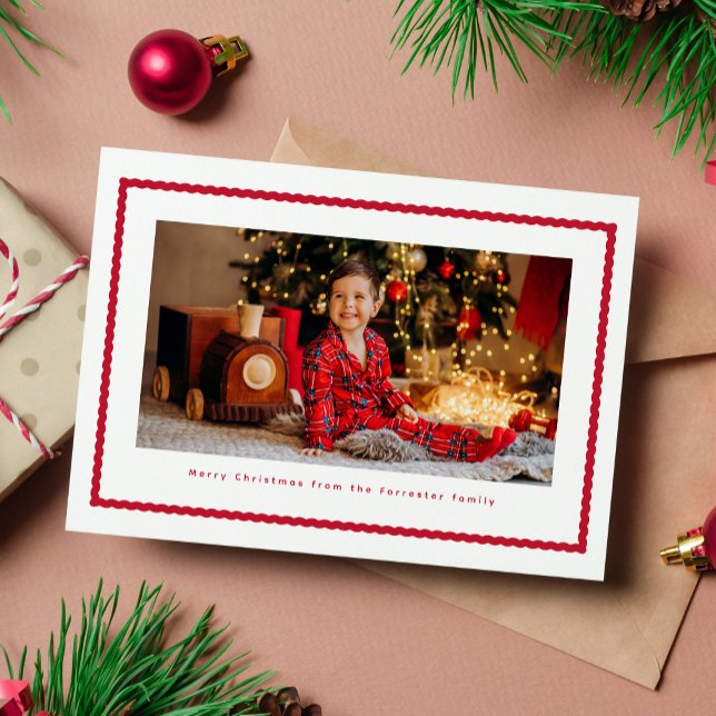 Squiggly frame cute simple red one photo Christmas Holiday Card (Creator Uploaded)