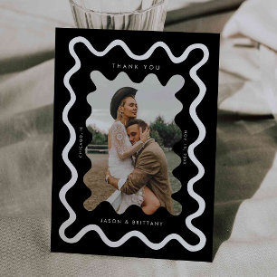 Squiggly Hand Drawn Line Black Wedding Photo Thank You Card