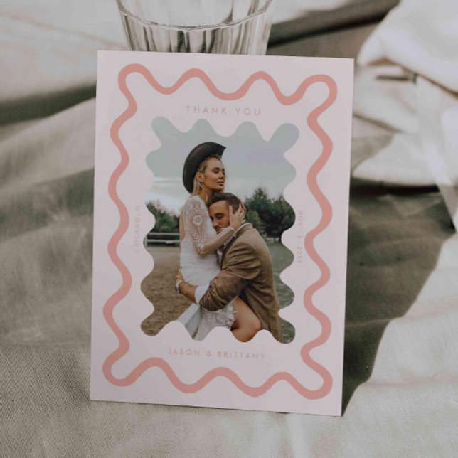 Squiggly Hand Drawn Line Blush Pink Wedding Photo Thank You Card (Creator Uploaded)