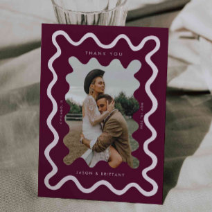 Squiggly Hand Drawn Line Cranberry Wedding Photo Thank You Card