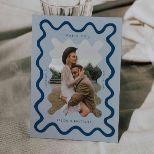 Squiggly Hand Drawn Line Navy Blue Wedding Photo Thank You Card