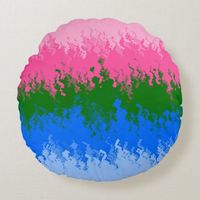 Squiggly Trippy Abstract Omniromantic Pride Flag Round Cushion (Front)