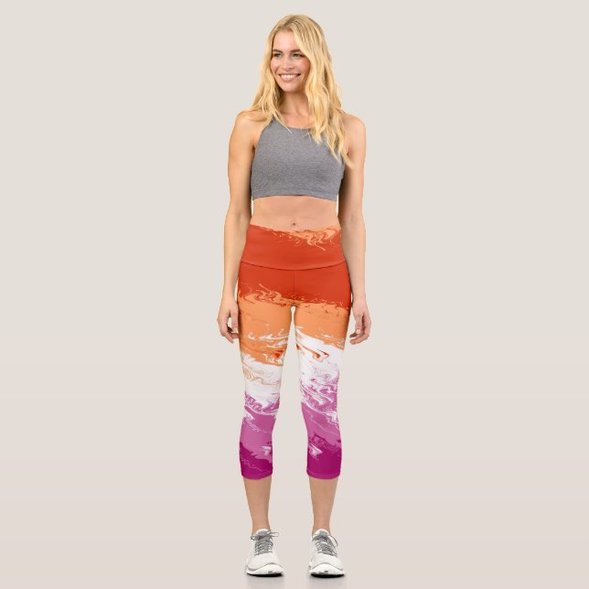 Squiggly Trippy Groovy Abstract Lesbian Pride Flag Capri Leggings (Front)