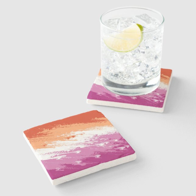 Squiggly Trippy Groovy Abstract Lesbian Pride Flag Stone Coaster (Side)