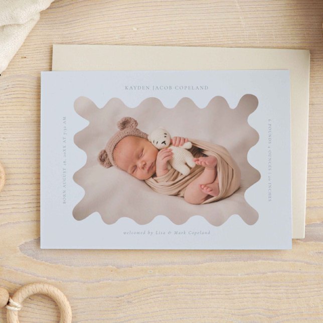 Squiggly Wavy Blue Frame Birth Announcement Photo (Creator Uploaded)