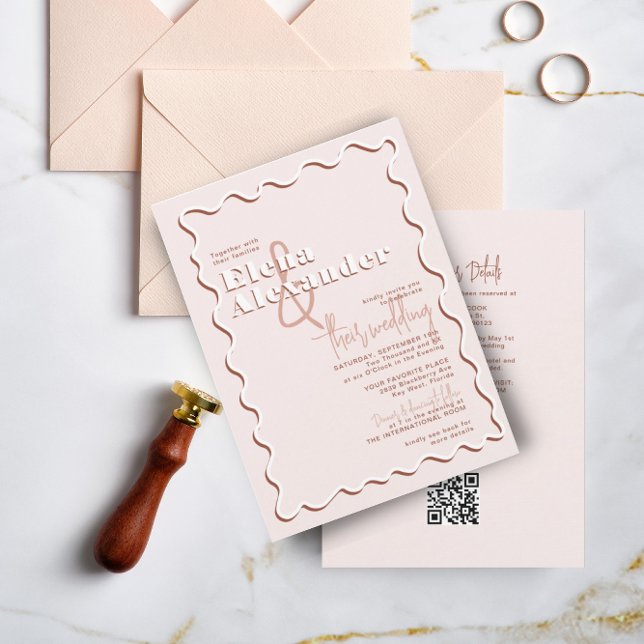 Squiggly Wavy Blush Rust RSVP QR Code Wedding  Invitation (Creator Uploaded)