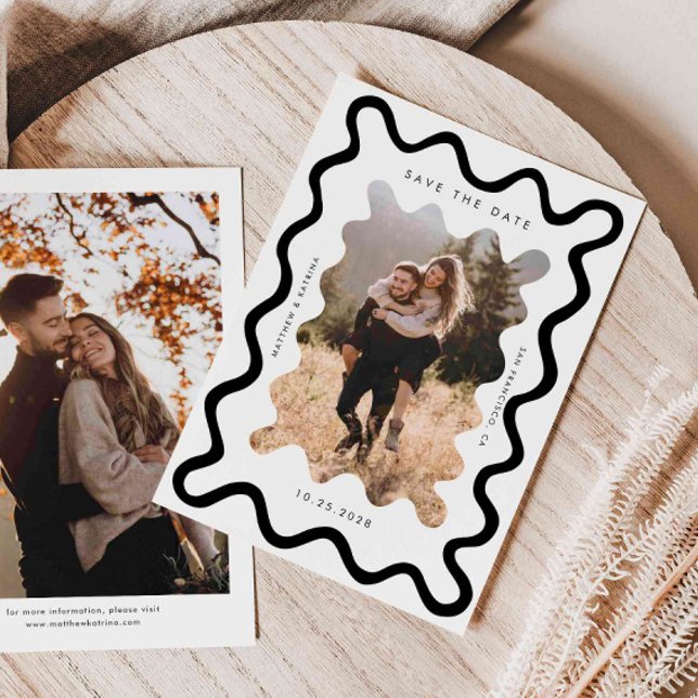 Squiggly Wavy Frame Wedding Black and White Save The Date (Creator Uploaded)