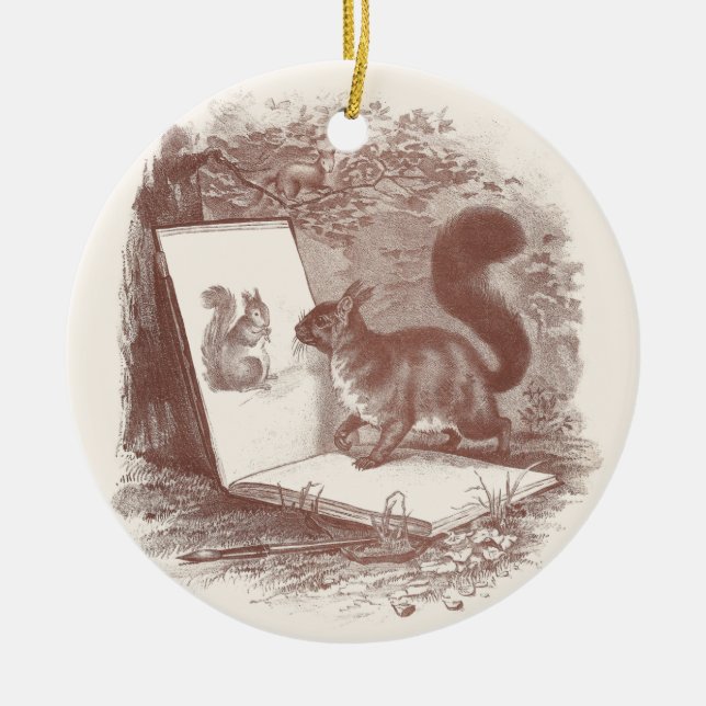 Squirrel Admires Sketch of Self Ceramic Tree Decoration (Front)
