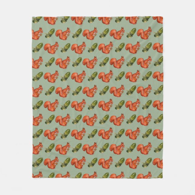 Squirrel and Acorn Pattern Green Fleece Blanket (Front)