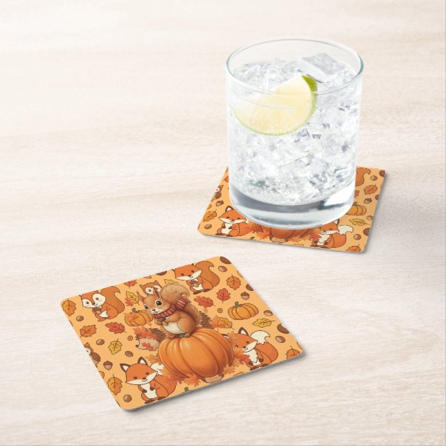Squirrel and Acorns Cute Fall Forest Design  Square Paper Coaster (Insitu)