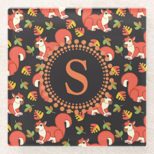 Squirrel and Autumn Leaf Pattern Monogram Glass Coaster