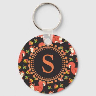 Squirrel and Autumn Leaf Pattern Monogram Key Ring