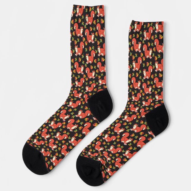 Squirrel and Autumn Leaf Pattern Socks (Left)