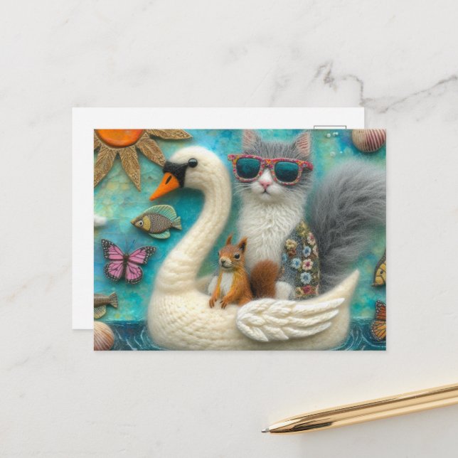 Squirrel and cat on Floating Woollen Swan Funny  Postcard (Front/Back In Situ)