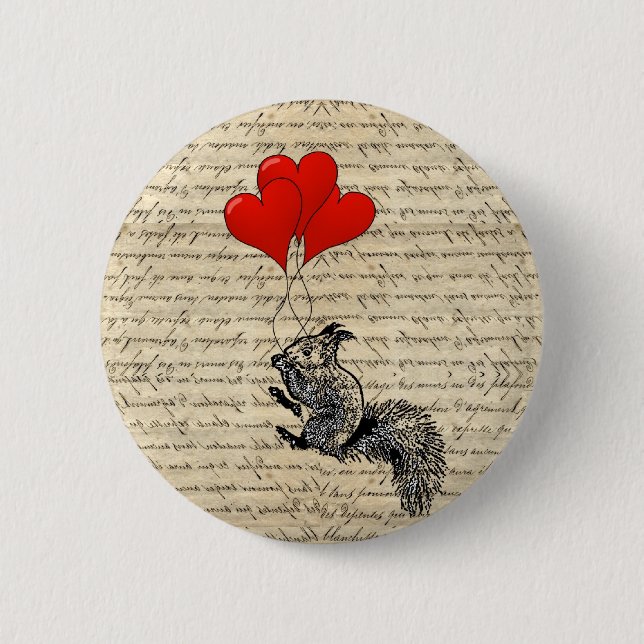 Squirrel and heart balloons 6 cm round badge (Front)