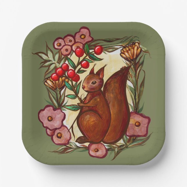 Squirrel and Holly winter Red Squirrels            Paper Plate (Front)