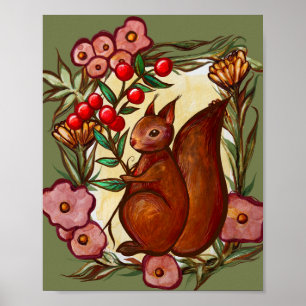 Squirrel and Holly winter Red Squirrels Poster