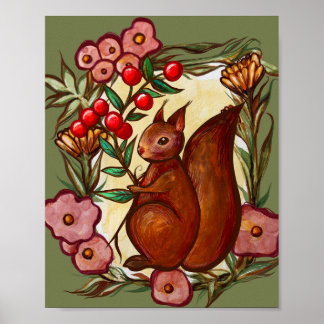Squirrel and Holly winter Red Squirrels Poster