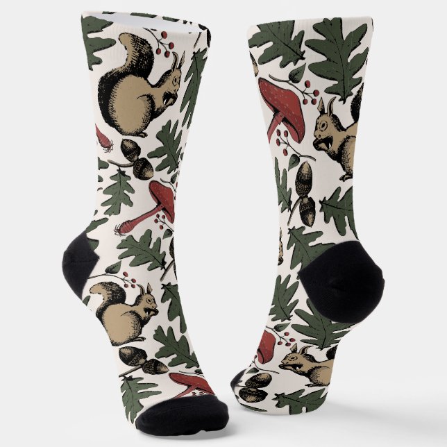 Squirrel and Mushrooms Winter Forest Animal  Socks (Angled)