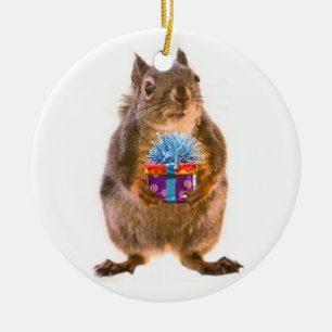 Squirrel and Present Ceramic Tree Decoration