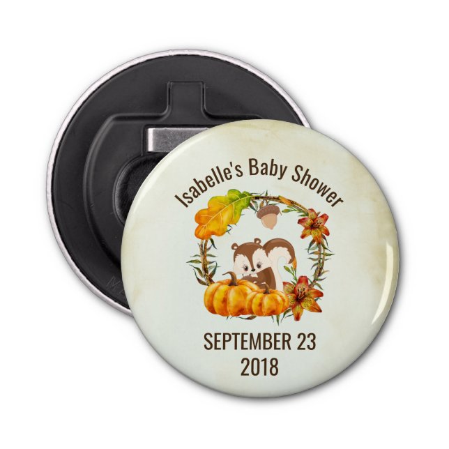 Squirrel and Pumpkins Rustic Wreath Baby Shower Bottle Opener (Front)