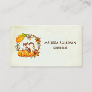 Squirrel and Pumpkins Rustic Wreath Business Card