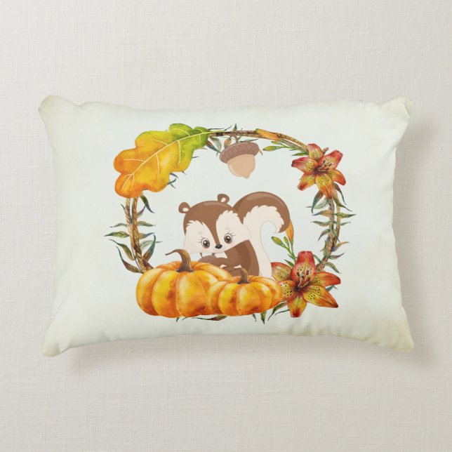 Squirrel and Pumpkins Rustic Wreath Decorative Cushion (Front)