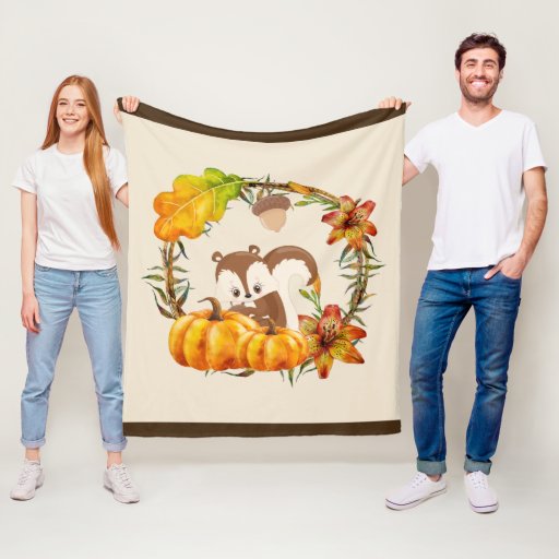Image of Squirrel and Pumpkins Rustic Wreath Fleece Blanket