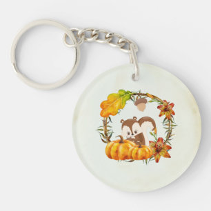 Squirrel and Pumpkins Rustic Wreath Key Ring
