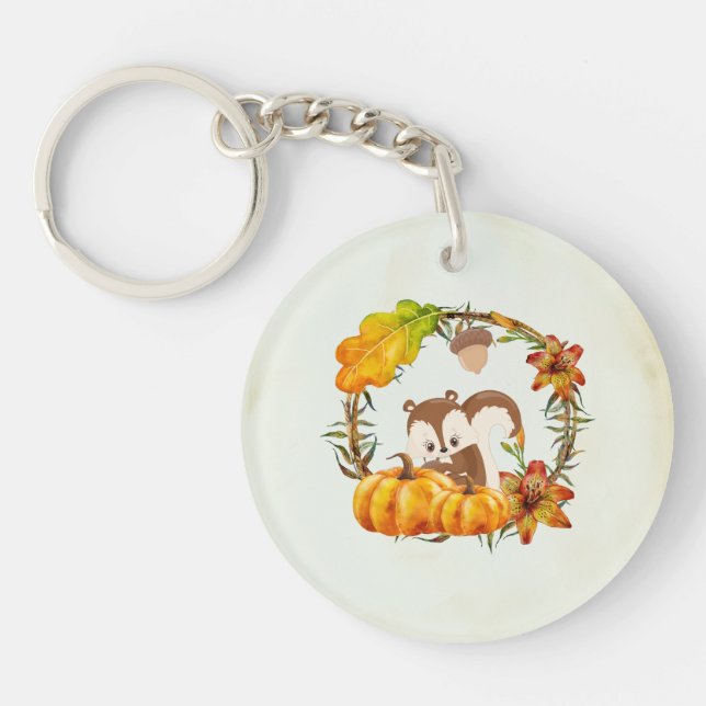 Squirrel and Pumpkins Rustic Wreath Key Ring (Front)