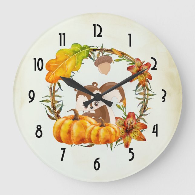 Squirrel and Pumpkins Rustic Wreath Large Clock (Front)