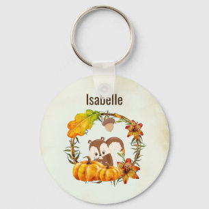 Squirrel and Pumpkins Rustic Wreath Personalised Key Ring