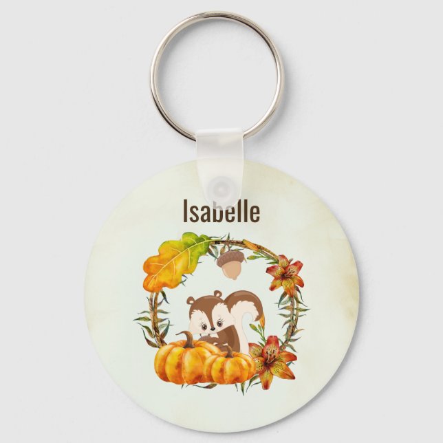 Squirrel and Pumpkins Rustic Wreath Personalised Key Ring (Front)