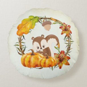 Squirrel and Pumpkins Rustic Wreath Round Cushion