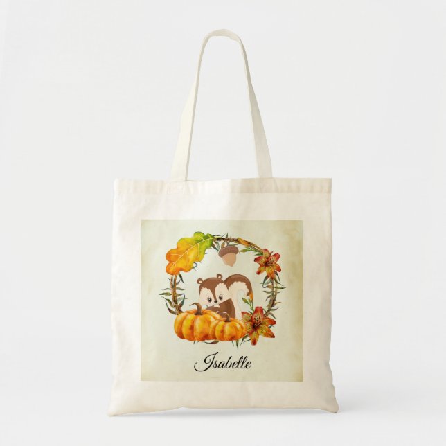 Squirrel and Pumpkins Rustic Wreath Tote Bag (Front)