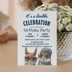 Squirrel and Rabbit Kids Double Birthday Party Invitation