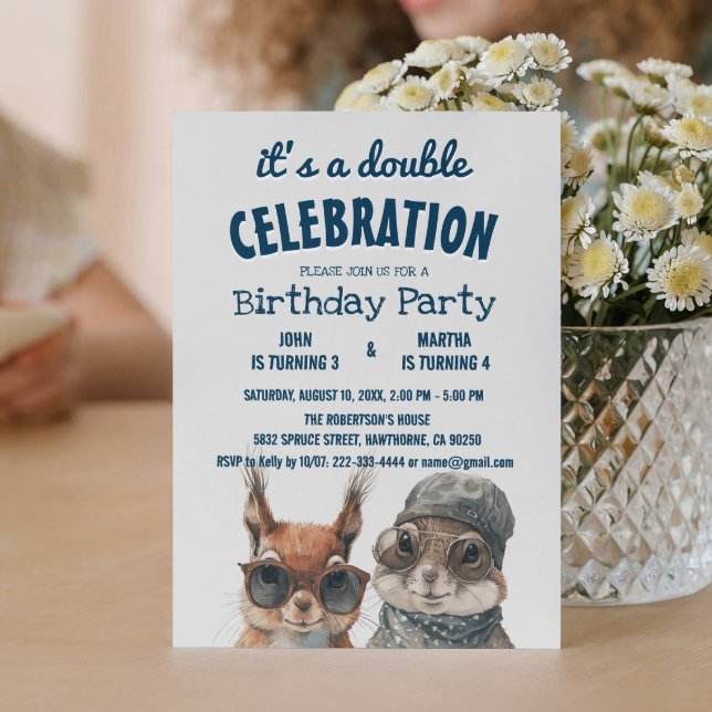 Squirrel and Rabbit Kids Double Birthday Party Invitation (Creator Uploaded)