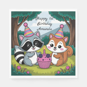 Squirrel and Racoon cute Birthday Napkin